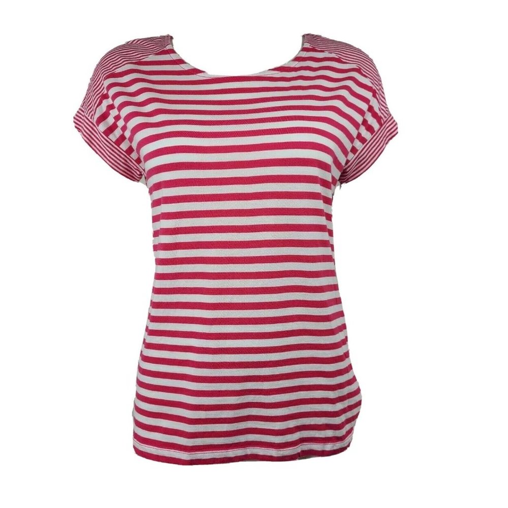 CHICOS Pink White Striped Short‎ Sleeve Top Size S